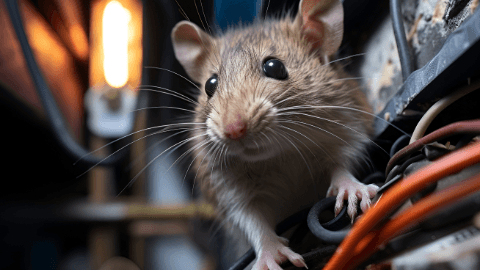 Mouse inside a home near electrical wiring, illustrating fall pest prevention and seasonal rodent control.