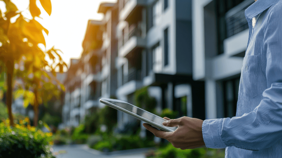 Property Manager holding tablet in front of apartments