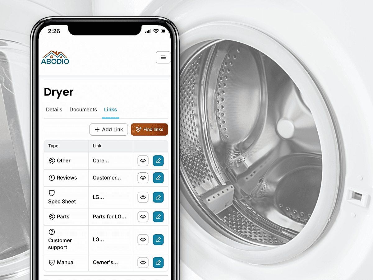 Smartphone displaying a dryer app interface with links, next to a close-up of an open dryer drum.